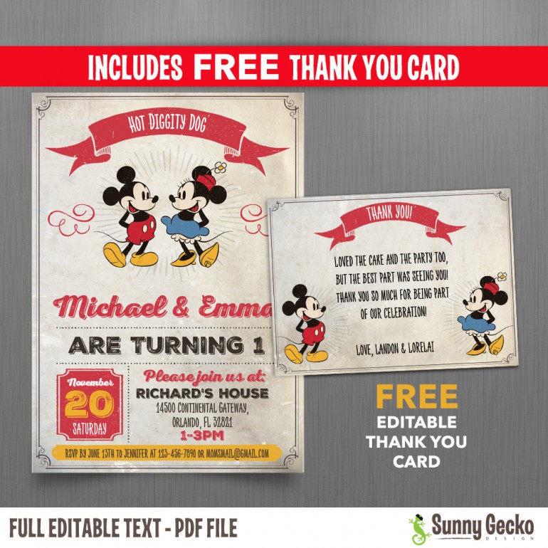 Mickey Mouse Vintage Style 5x7 in. Birthday Party Invitation - with FREE editable Thank you Card